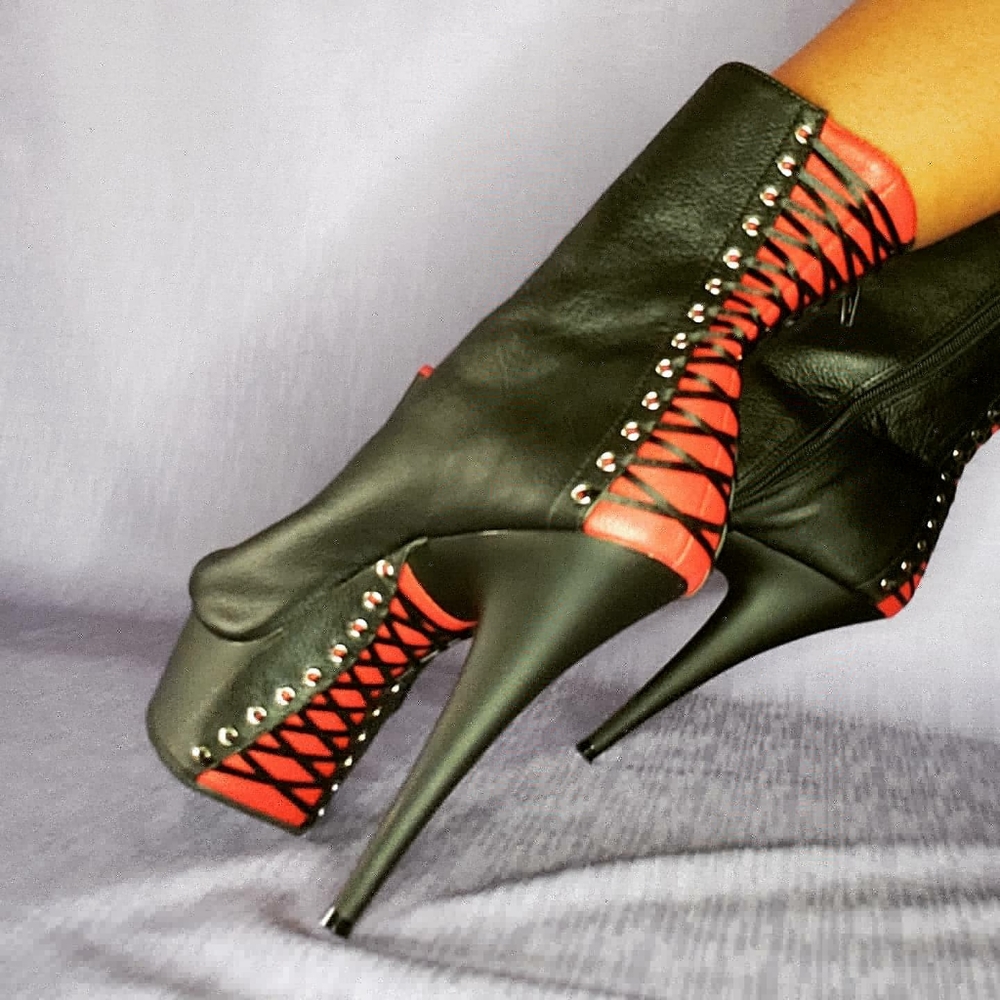 Size 10 Black/Red 6" Heel Corset Style Ankle Boots